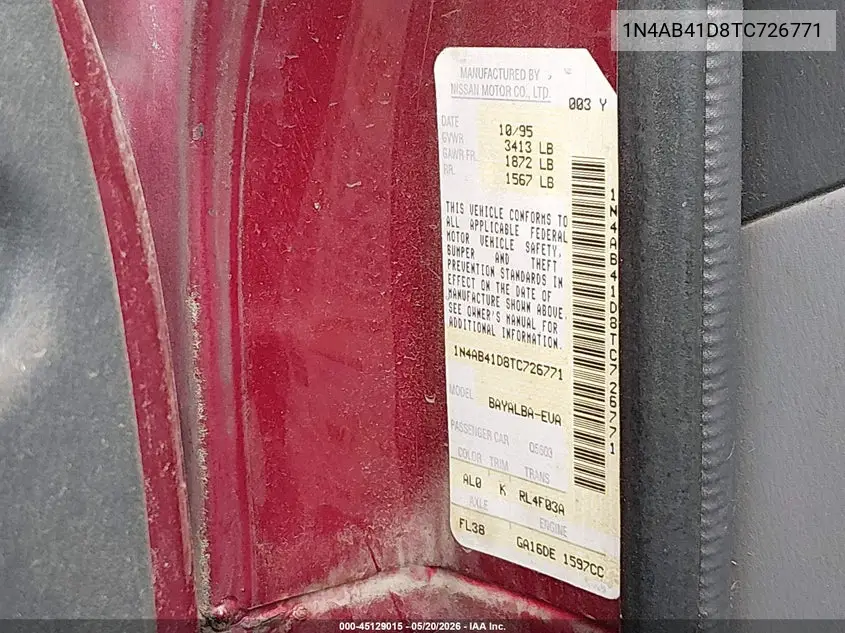 1996 Nissan Sentra E/Xe/Gxe/Gle VIN: 1N4AB41D8TC726771 Lot: 45129015