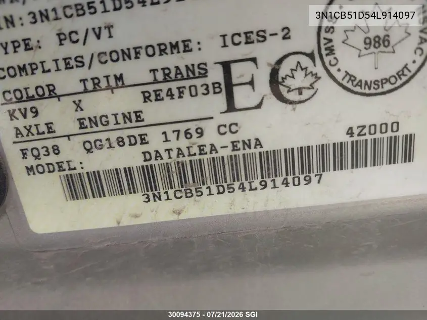 2004 Nissan Sentra 1.8/1.8S VIN: 3N1CB51D54L914097 Lot: 30094375