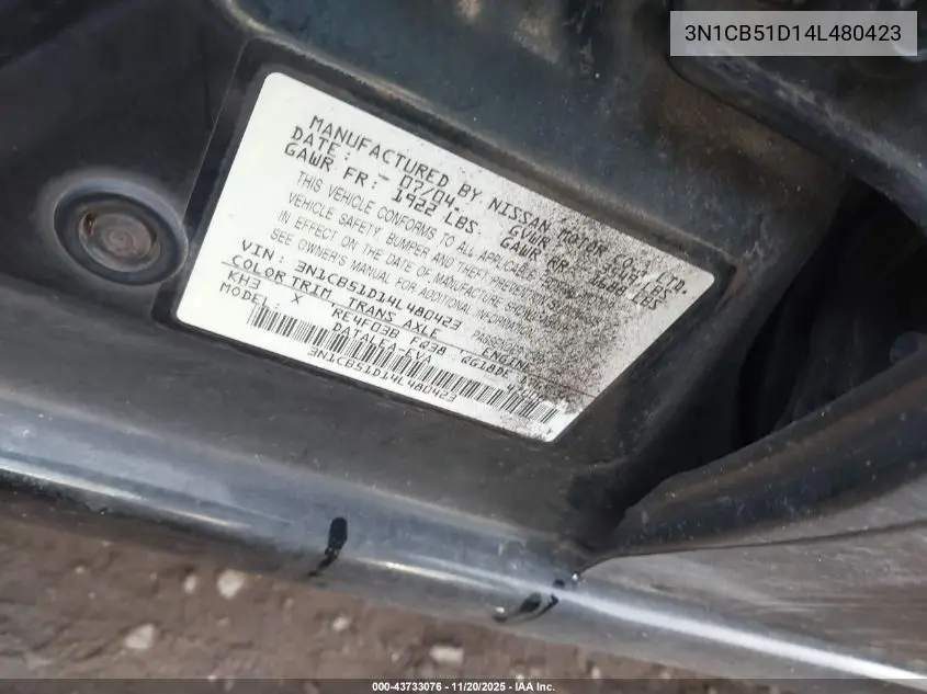 3N1CB51D14L480423 2004 Nissan Sentra 1.8S