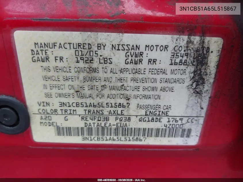 3N1CB51A65L515867 2005 Nissan Sentra 1.8S