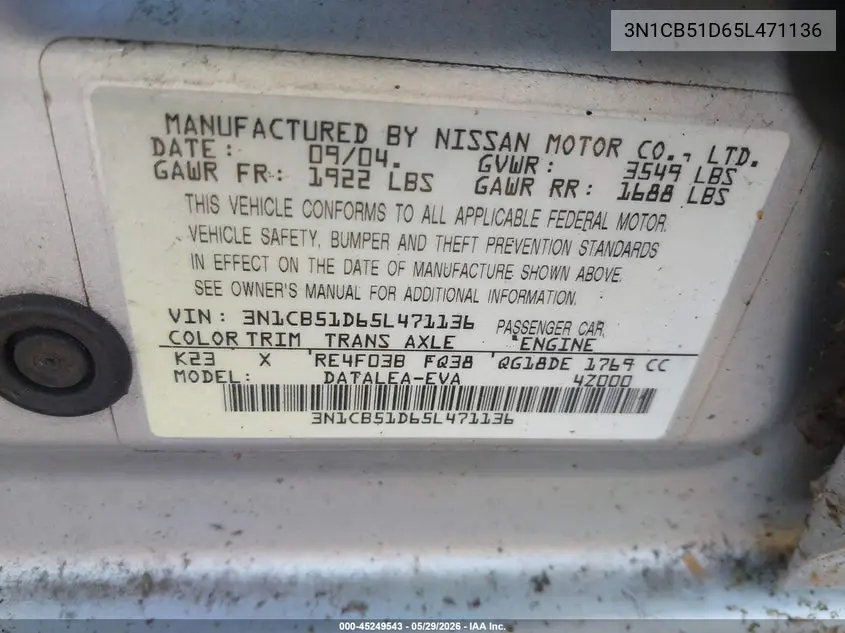 2005 Nissan Sentra 1.8S VIN: 3N1CB51D65L471136 Lot: 45249543