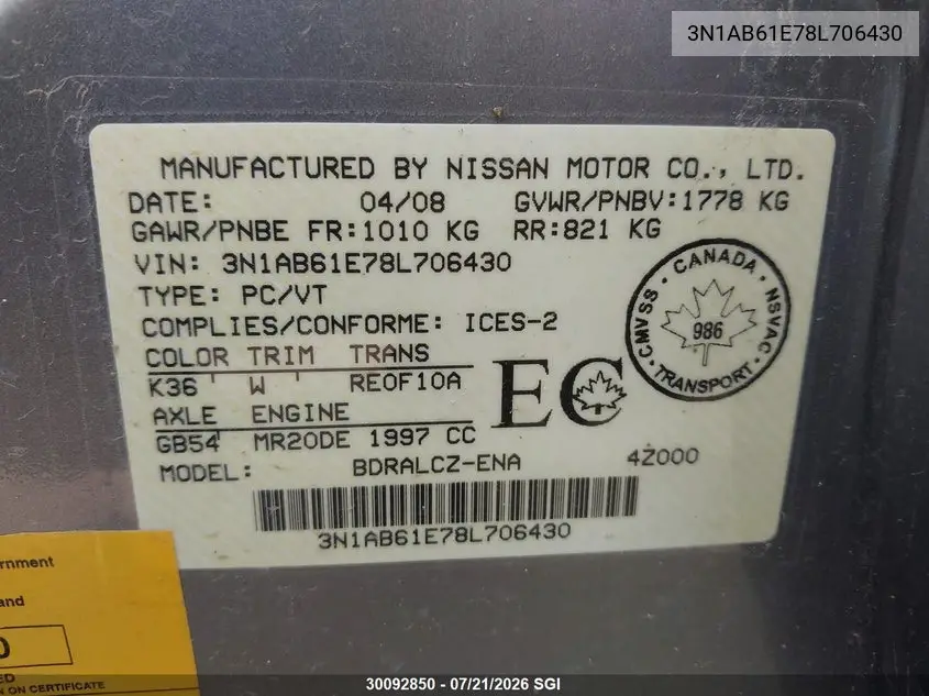 2008 Nissan Sentra 2.0/2.0S/2.0Sl VIN: 3N1AB61E78L706430 Lot: 30092850