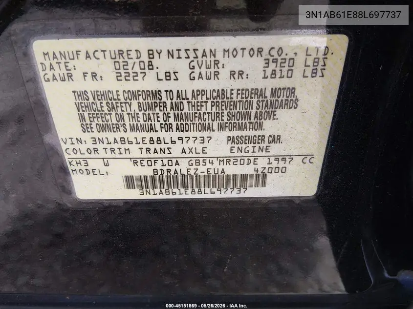 2008 Nissan Sentra 2.0S VIN: 3N1AB61E88L697737 Lot: 45151869