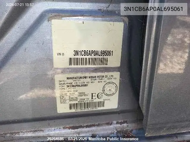 2010 Nissan Sentra Se-R Spec V VIN: 3N1CB6AP0AL695061 Lot: 20264686