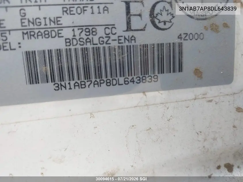 2013 Nissan Sentra S/Sv/Sr/Sl VIN: 3N1AB7AP8DL643839 Lot: 30094615