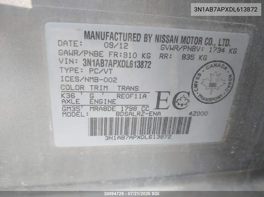 2013 Nissan Sentra S/Sv/Sr/Sl VIN: 3N1AB7APXDL613872 Lot: 30094729