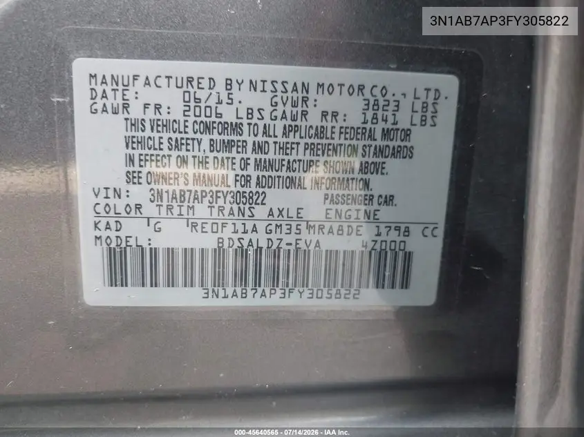 2015 Nissan Sentra Sv VIN: 3N1AB7AP3FY305822 Lot: 45640565