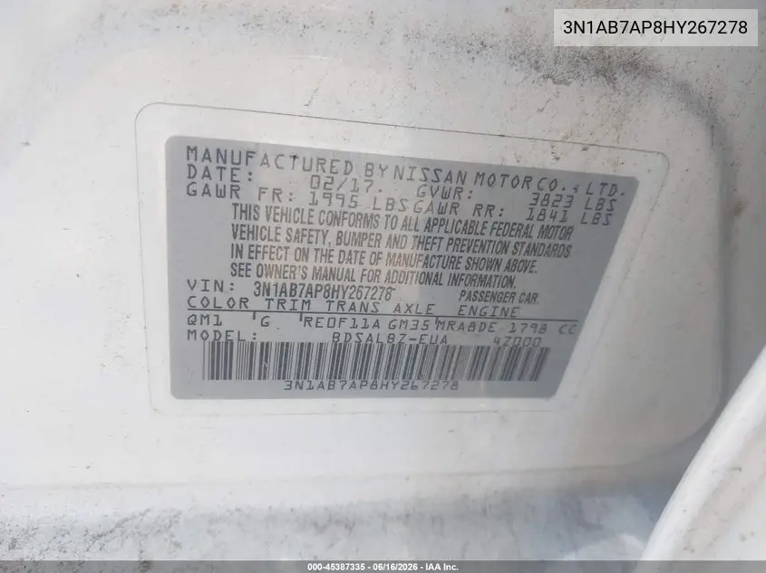 3N1AB7AP8HY267278 2017 Nissan Sentra S