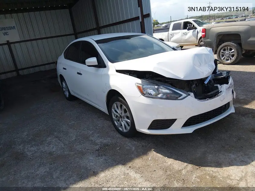 2019 Nissan Sentra Sv VIN: 3N1AB7AP3KY315194 Lot: 45355091
