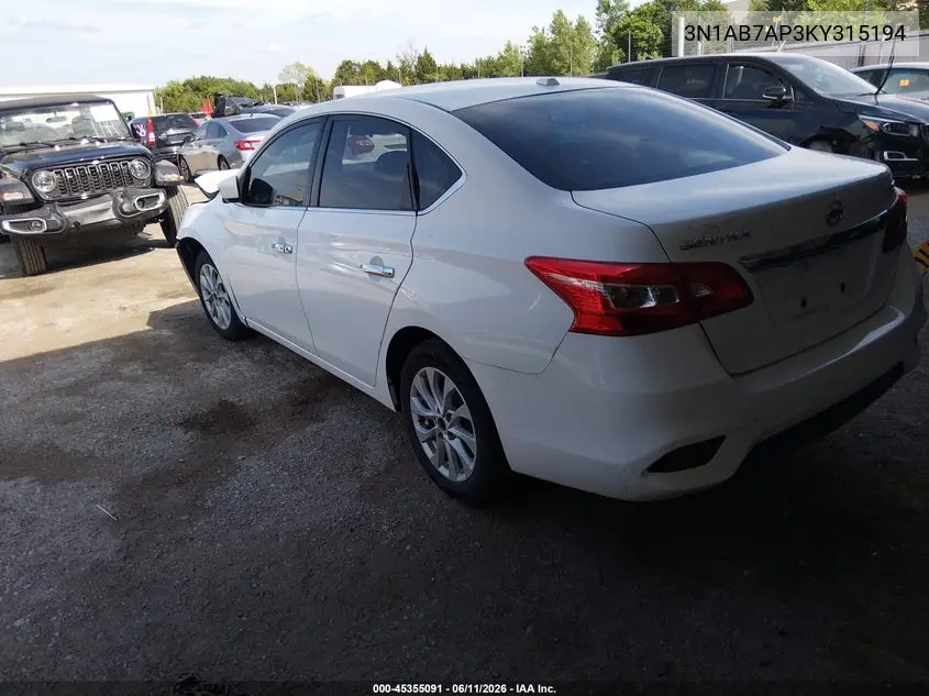 2019 Nissan Sentra Sv VIN: 3N1AB7AP3KY315194 Lot: 45355091