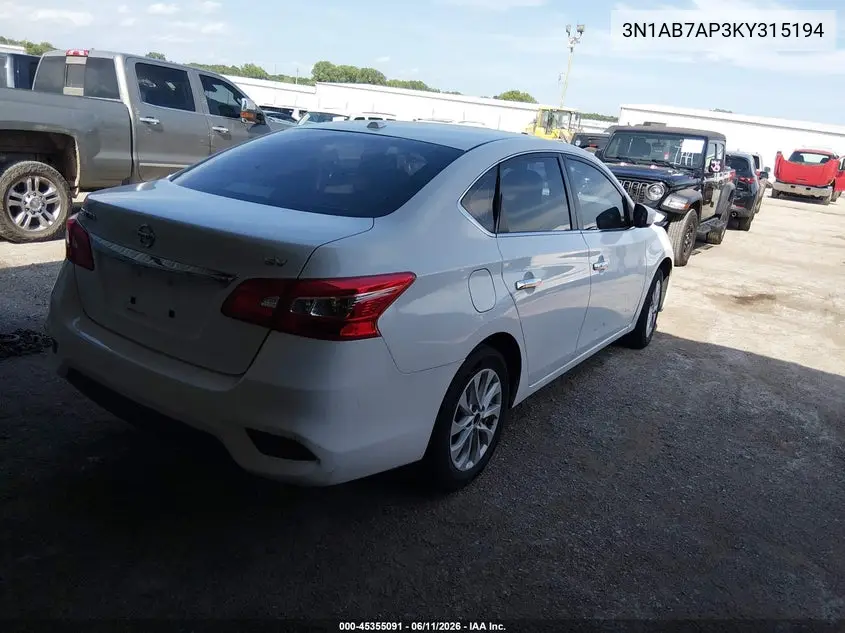 2019 Nissan Sentra Sv VIN: 3N1AB7AP3KY315194 Lot: 45355091