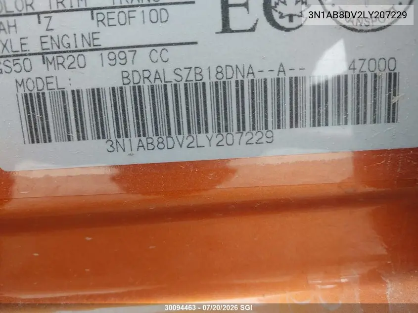 2020 Nissan Sentra Sr VIN: 3N1AB8DV2LY207229 Lot: 30094463