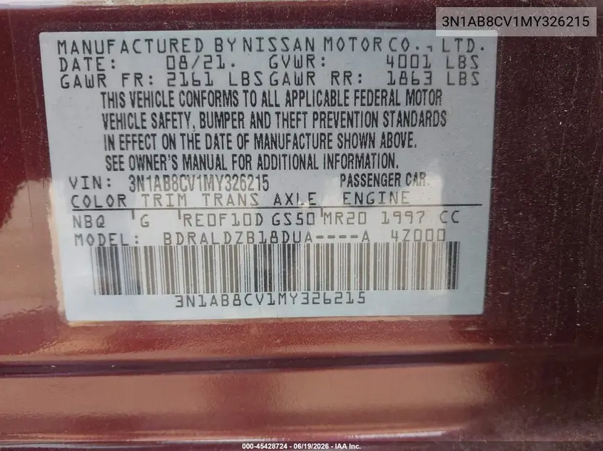 2021 Nissan Sentra Sv Xtronic Cvt VIN: 3N1AB8CV1MY326215 Lot: 45428724