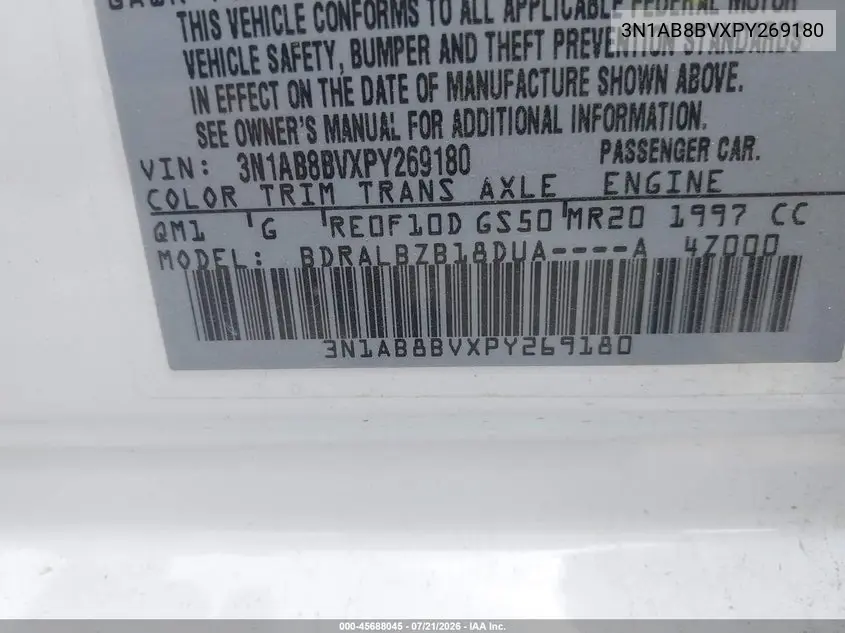 2023 Nissan Sentra S Xtronic Cvt VIN: 3N1AB8BVXPY269180 Lot: 45688045