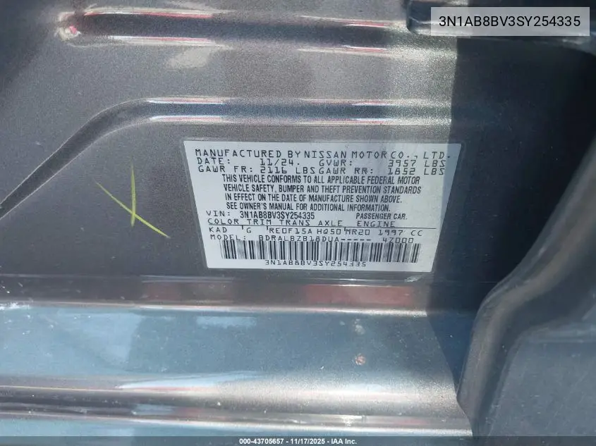 3N1AB8BV3SY254335 2025 Nissan Sentra S
