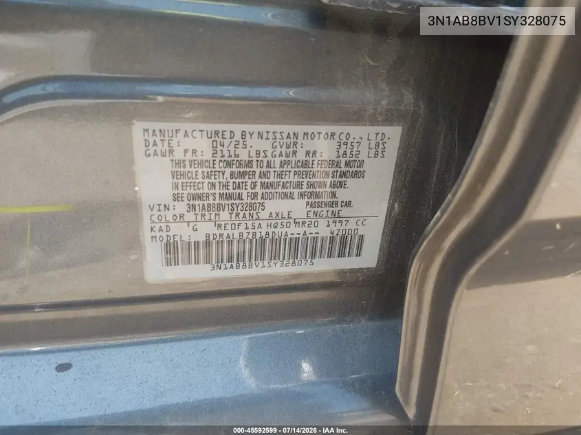 2025 Nissan Sentra S VIN: 3N1AB8BV1SY328075 Lot: 45592599