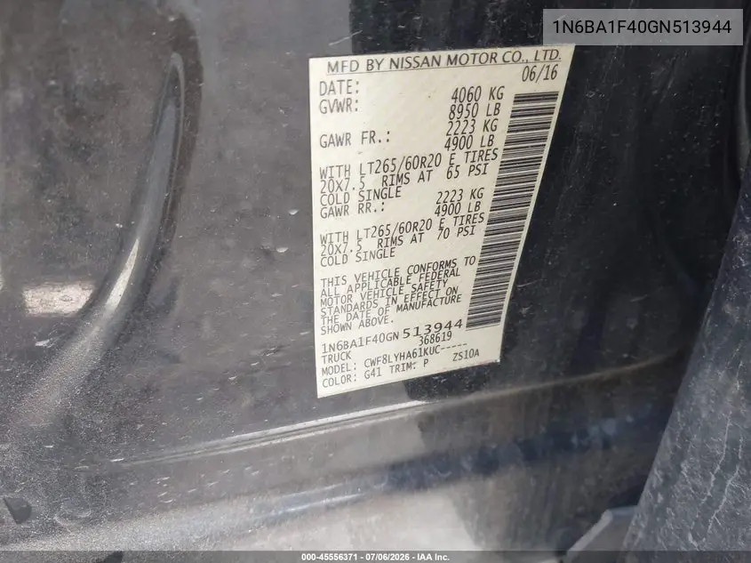 2016 Nissan Titan Xd Platinum Reserve Diesel VIN: 1N6BA1F40GN513944 Lot: 45556371