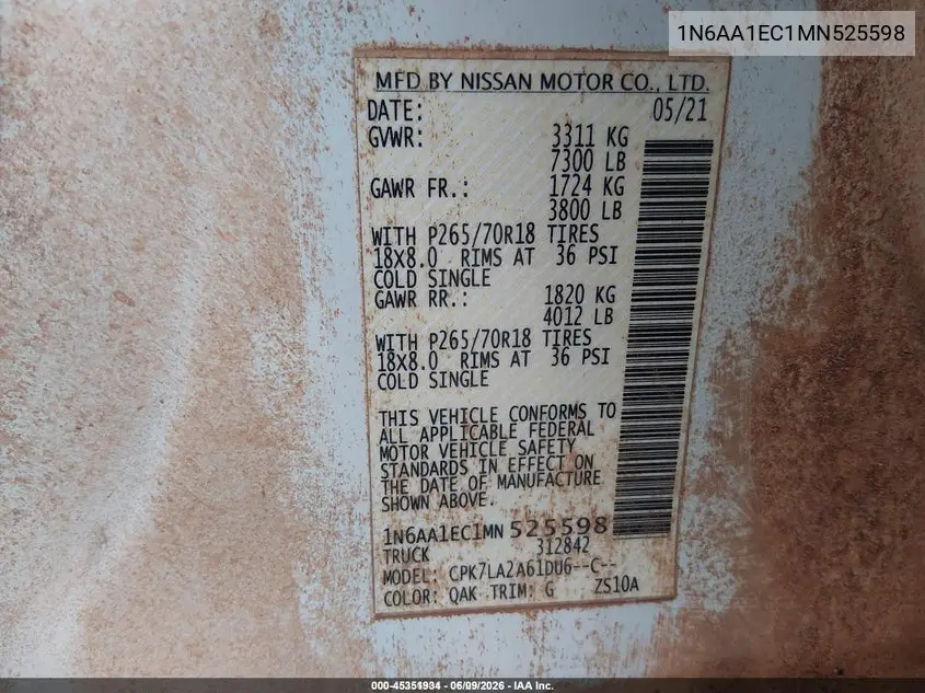 2021 Nissan Titan S 4X4 VIN: 1N6AA1EC1MN525598 Lot: 45351934