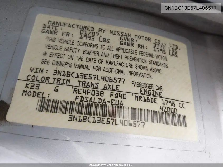 2007 Nissan Versa 1.8S VIN: 3N1BC13E57L406577 Lot: 45486878