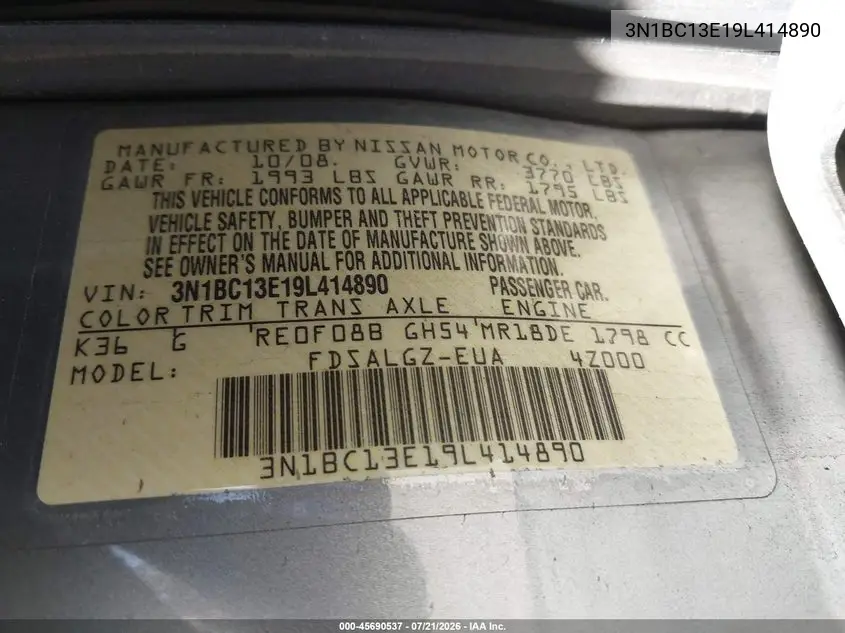 2009 Nissan Versa 1.8Sl VIN: 3N1BC13E19L414890 Lot: 45690537