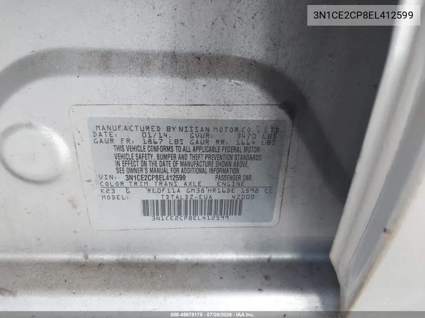 2014 Nissan Versa Note Sv VIN: 3N1CE2CP8EL412599 Lot: 45678175