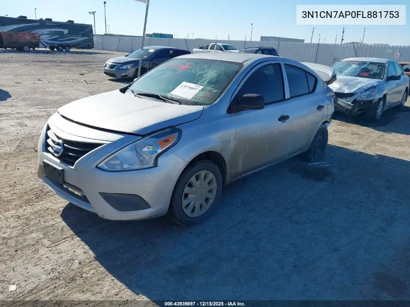 3N1CN7AP0FL881753 2015 Nissan Versa 1.6 S+