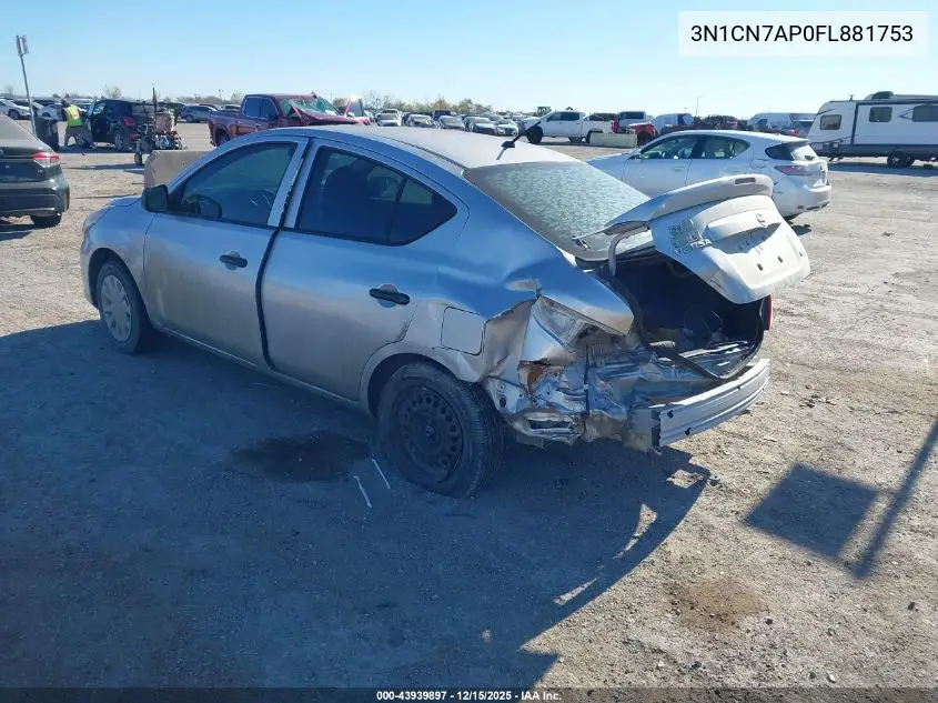 3N1CN7AP0FL881753 2015 Nissan Versa 1.6 S+