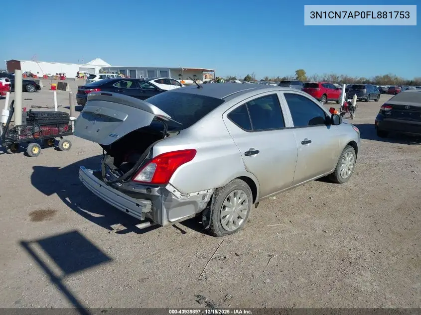 3N1CN7AP0FL881753 2015 Nissan Versa 1.6 S+