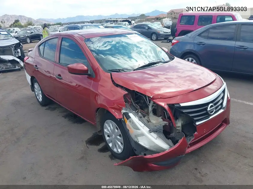 2016 Nissan Versa 1.6 S+ VIN: 3N1CN7AP5GL893303 Lot: 45378509