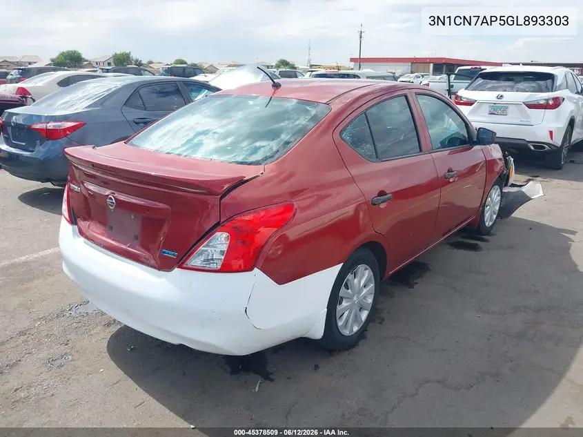 2016 Nissan Versa 1.6 S+ VIN: 3N1CN7AP5GL893303 Lot: 45378509