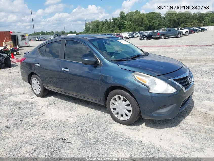 2016 Nissan Versa 1.6 S/1.6 S+/1.6 Sl/1.6 Sv VIN: 3N1CN7AP1GL840758 Lot: 45457189