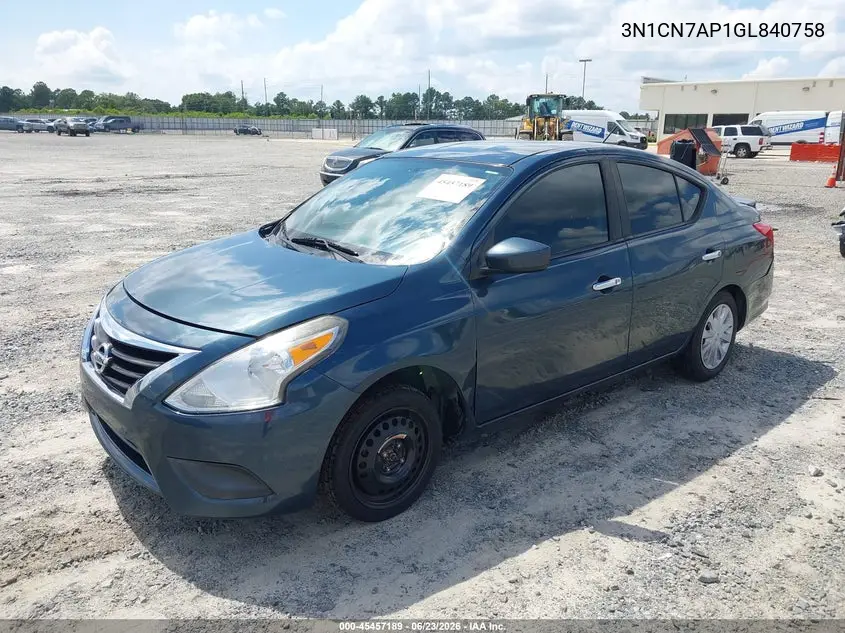 2016 Nissan Versa 1.6 S/1.6 S+/1.6 Sl/1.6 Sv VIN: 3N1CN7AP1GL840758 Lot: 45457189