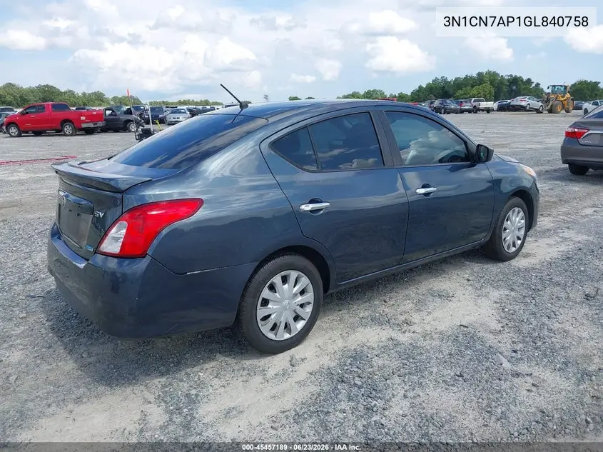 2016 Nissan Versa 1.6 S/1.6 S+/1.6 Sl/1.6 Sv VIN: 3N1CN7AP1GL840758 Lot: 45457189