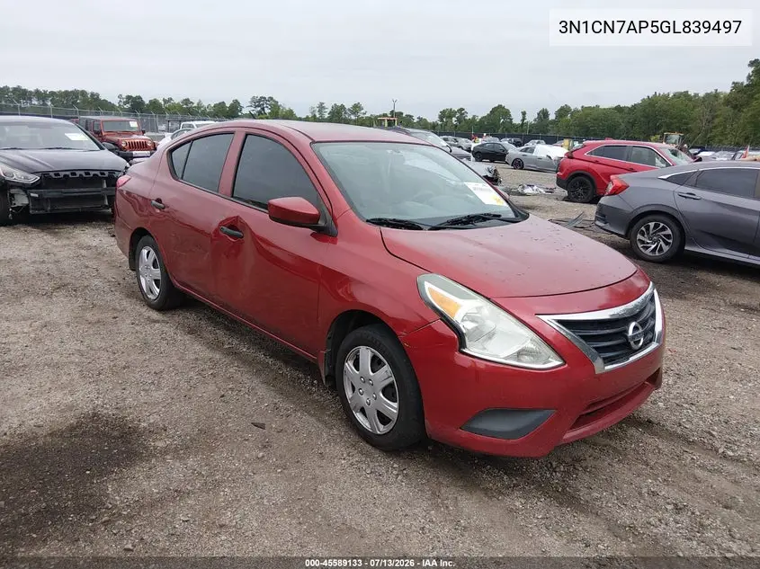 2016 Nissan Versa 1.6 S+ VIN: 3N1CN7AP5GL839497 Lot: 45589133