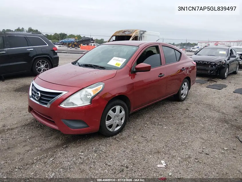2016 Nissan Versa 1.6 S+ VIN: 3N1CN7AP5GL839497 Lot: 45589133