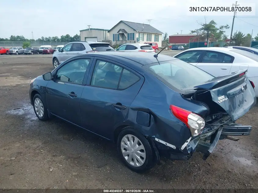 2017 Nissan Versa 1.6 S+ VIN: 3N1CN7AP0HL870058 Lot: 45345337