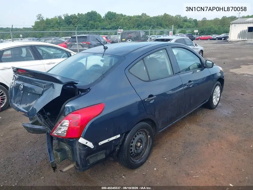 2017 Nissan Versa 1.6 S+ VIN: 3N1CN7AP0HL870058 Lot: 45345337