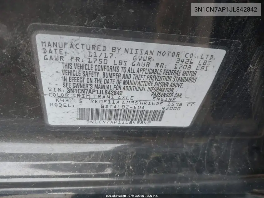 2018 Nissan Versa 1.6 Sv VIN: 3N1CN7AP1JL842842 Lot: 45613720