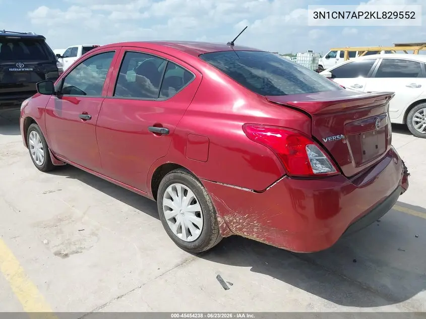 2019 Nissan Versa 1.6 S+ VIN: 3N1CN7AP2KL829552 Lot: 45454238