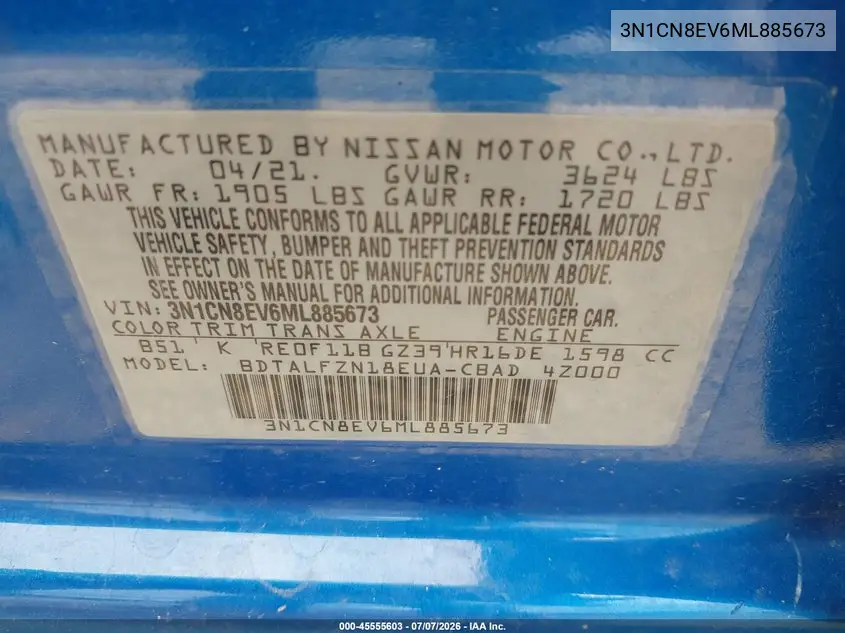 2021 Nissan Versa Sv Xtronic Cvt VIN: 3N1CN8EV6ML885673 Lot: 45555603