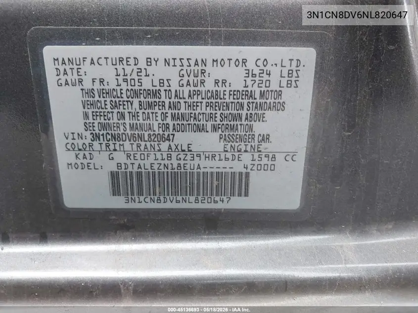 2022 Nissan Versa 1.6 S Xtronic Cvt VIN: 3N1CN8DV6NL820647 Lot: 45136693
