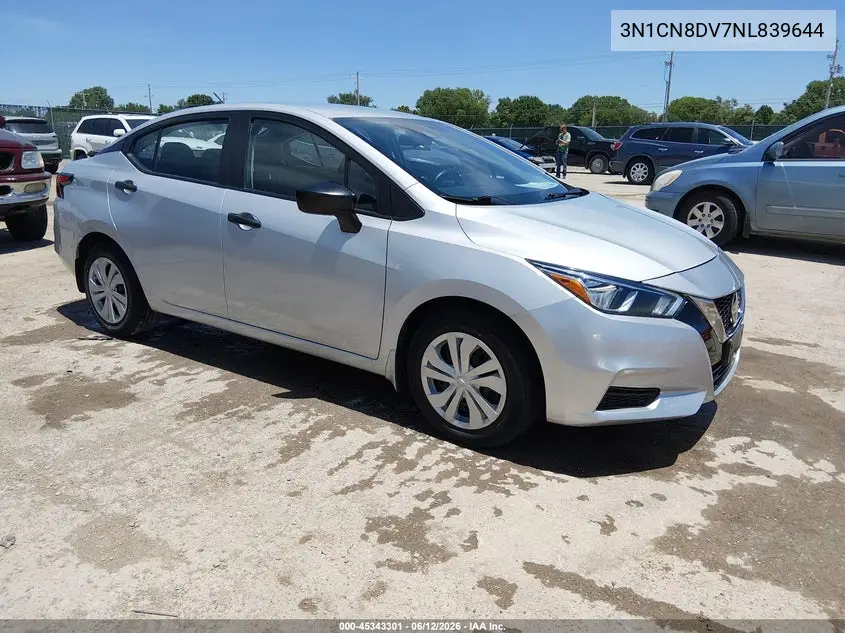 2022 Nissan Versa 1.6 S Xtronic Cvt VIN: 3N1CN8DV7NL839644 Lot: 45343301