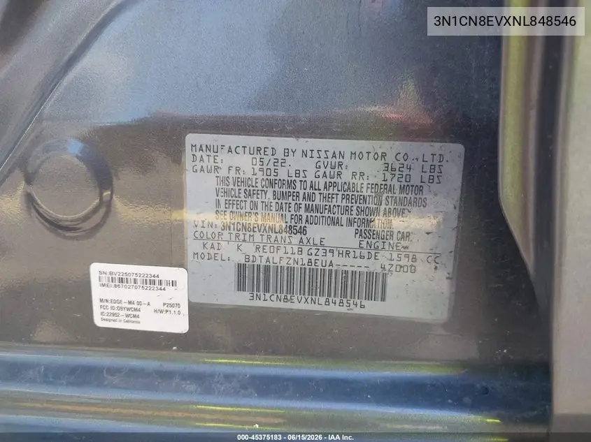 2022 Nissan Versa 1.6 Sv Xtronic Cvt VIN: 3N1CN8EVXNL848546 Lot: 45375183
