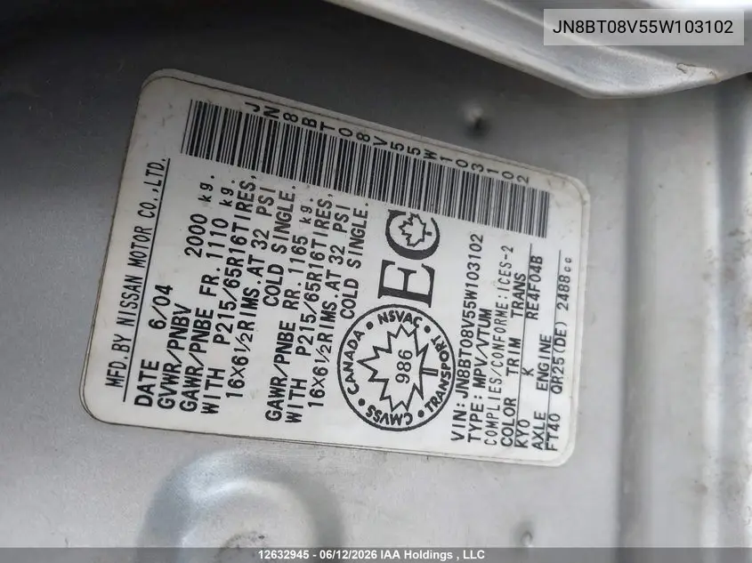 2005 Nissan X-Trail Xe/Se VIN: JN8BT08V55W103102 Lot: 12632945
