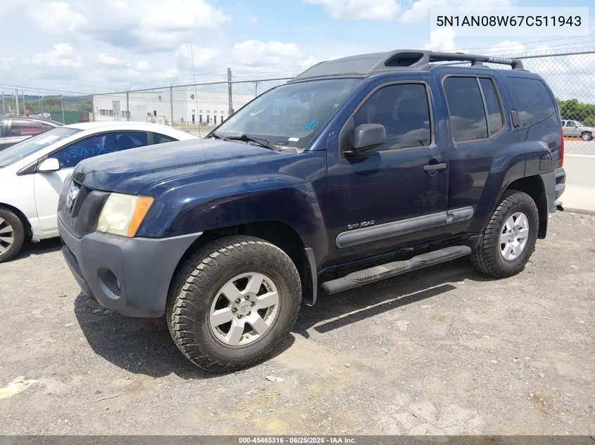 2007 Nissan Xterra Off Road VIN: 5N1AN08W67C511943 Lot: 45465316