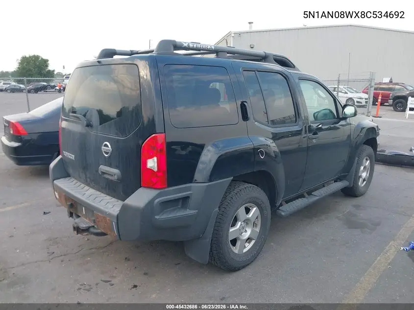 2008 Nissan Xterra S VIN: 5N1AN08WX8C534692 Lot: 45432686