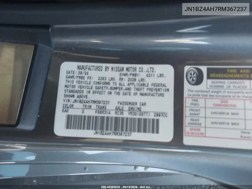 2024 Nissan Z Sport Manual VIN: JN1BZ4AH7RM367237 Lot: 45385530