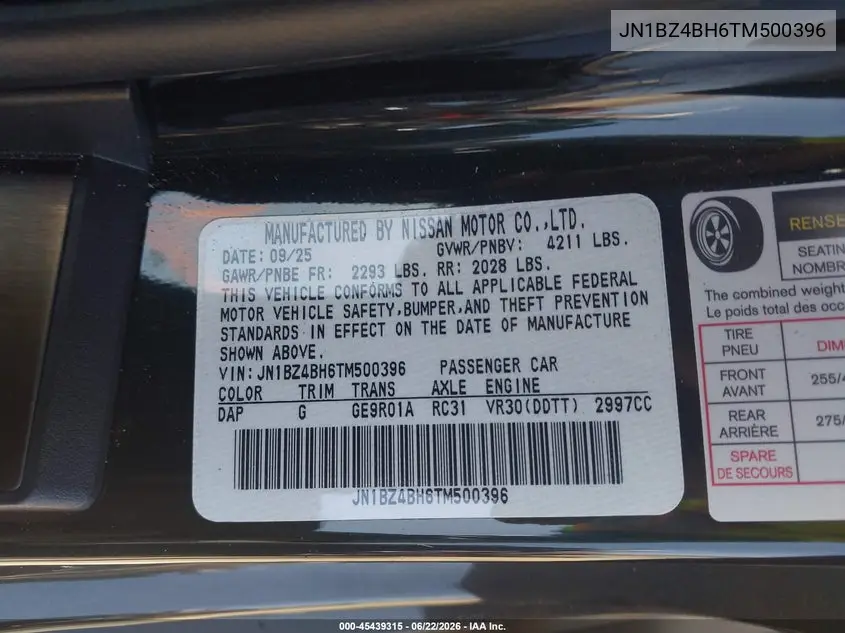 2026 Nissan Z Performance VIN: JN1BZ4BH6TM500396 Lot: 45439315