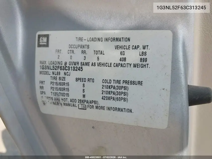 2003 Oldsmobile Alero Gl1 VIN: 1G3NL52F63C313245 Lot: 45523551