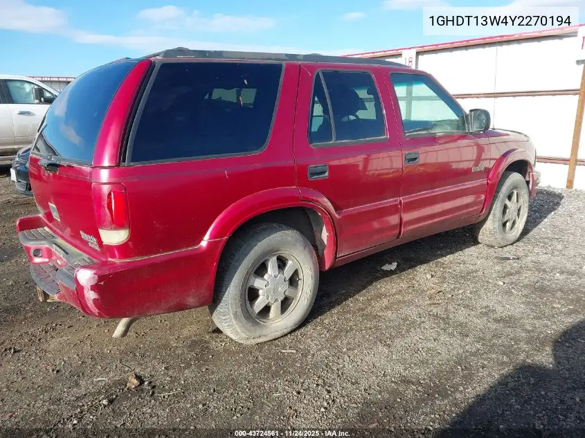 2000 Oldsmobile Bravada VIN: 1GHDT13W4Y2270194 Lot: 43724561